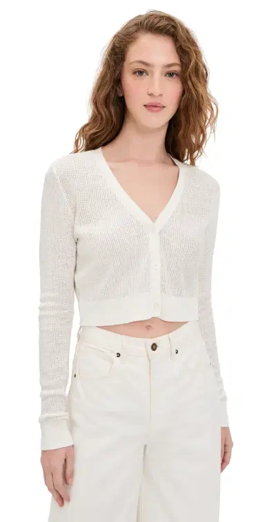Enza Costa inen Open Knit Cropped V Neck Cardigan Off White | Thumbnail 1 Enza Costa inen Open Knit Cropped V Neck Cardigan Off White | Thumbnail 1