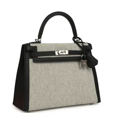HERMÈS Hermes Kelly Sellier 25 Ecru & Black Toile H Canvas and Black Swift Palladium Hardware | Thumbnail 2 HERMÈS Hermes Kelly Sellier 25 Ecru & Black Toile H Canvas and Black Swift Palladium Hardware | Thumbnail 2