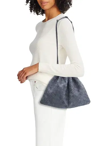 Bottega Veneta Women's Dustbag Medium Intrecciato Suede Shoulder Bag - Cloudy Indigo | Thumbnail 2 Bottega Veneta Women's Dustbag Medium Intrecciato Suede Shoulder Bag - Cloudy Indigo | Thumbnail 2