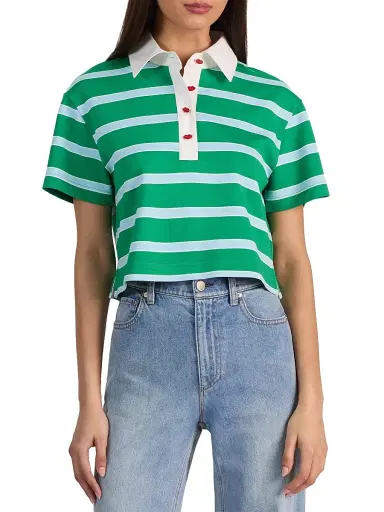 ALICE + OLIVIA Women's Lyle Striped Rugby Polo Top - Green Apple Carolina | Thumbnail 3 ALICE + OLIVIA Women's Lyle Striped Rugby Polo Top - Green Apple Carolina | Thumbnail 3