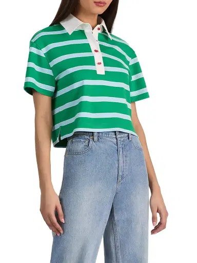 ALICE + OLIVIA Women's Lyle Striped Rugby Polo Top - Green Apple Carolina | Thumbnail 4 ALICE + OLIVIA Women's Lyle Striped Rugby Polo Top - Green Apple Carolina | Thumbnail 4