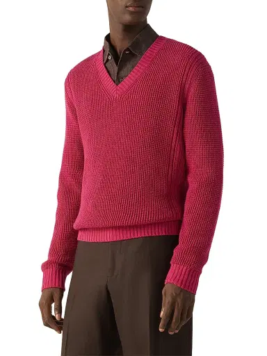 ZEGNA Men's Cotton and Silk V-Neck T-Shirt - Dark Pink | Thumbnail 2 ZEGNA Men's Cotton and Silk V-Neck T-Shirt - Dark Pink | Thumbnail 2