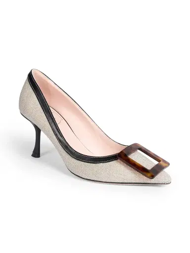 Roger Vivier Women's Viv In The City 65MM Cotton-Leather Pumps - Black Natural | Thumbnail 2 Roger Vivier Women's Viv In The City 65MM Cotton-Leather Pumps - Black Natural | Thumbnail 2