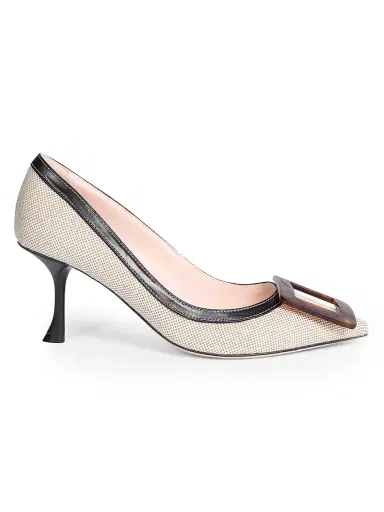 Roger Vivier Women's Viv In The City 65MM Cotton-Leather Pumps - Black Natural | Thumbnail 1 Roger Vivier Women's Viv In The City 65MM Cotton-Leather Pumps - Black Natural | Thumbnail 1