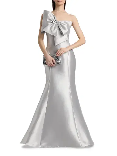 Amsale Women's Metallic Satin Bow Mermaid Gown - Platinum | Thumbnail 2 Amsale Women's Metallic Satin Bow Mermaid Gown - Platinum | Thumbnail 2