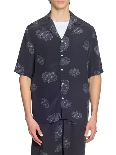 Officine Générale Men's Eren Crepe Cloud Lines Short-Sleeve Shirt - Black Cream | Thumbnail 3 Officine Générale Men's Eren Crepe Cloud Lines Short-Sleeve Shirt - Black Cream | Thumbnail 3