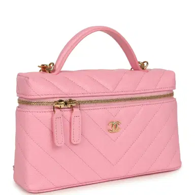 Chanel Chanel Chevron Top Handle Long Vanity Case with Chain Pink Shiny Caviar Gold Hardware | Thumbnail 2 Chanel Chanel Chevron Top Handle Long Vanity Case with Chain Pink Shiny Caviar Gold Hardware | Thumbnail 2
