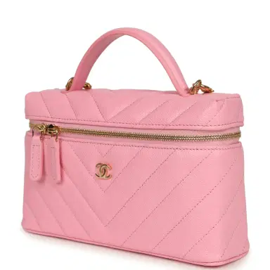 Chanel Chanel Chevron Top Handle Long Vanity Case with Chain Pink Shiny Caviar Gold Hardware | Thumbnail 5 Chanel Chanel Chevron Top Handle Long Vanity Case with Chain Pink Shiny Caviar Gold Hardware | Thumbnail 5