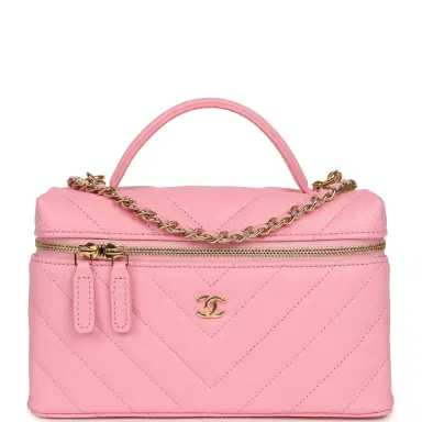 Chanel Chanel Chevron Top Handle Long Vanity Case with Chain Pink Shiny Caviar Gold Hardware | Thumbnail 1 Chanel Chanel Chevron Top Handle Long Vanity Case with Chain Pink Shiny Caviar Gold Hardware | Thumbnail 1