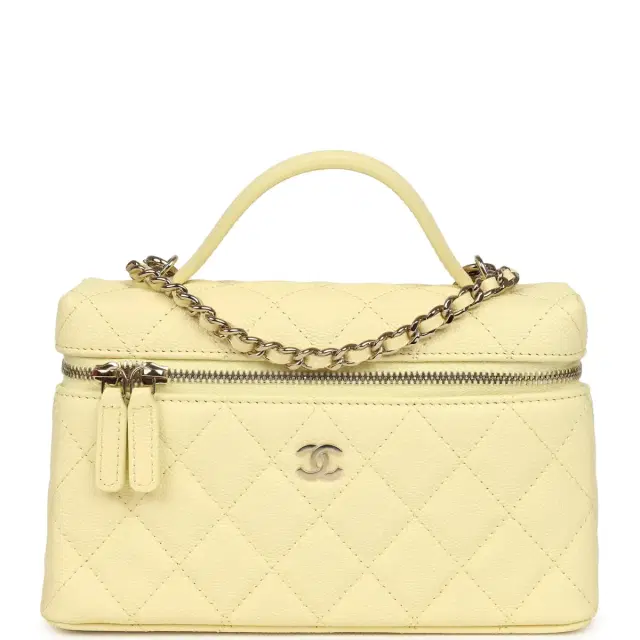Chanel Top Handle Long Vanity Case with Chain Light Yellow Caviar Light Gold Hardware Chanel Top Handle Long Vanity Case with Chain Light Yellow Caviar Light Gold Hardware