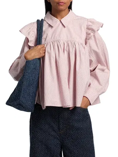 Ganni Women's Oxford Striped Frill Blouse - Chalk Pink | Thumbnail 3 Ganni Women's Oxford Striped Frill Blouse - Chalk Pink | Thumbnail 3