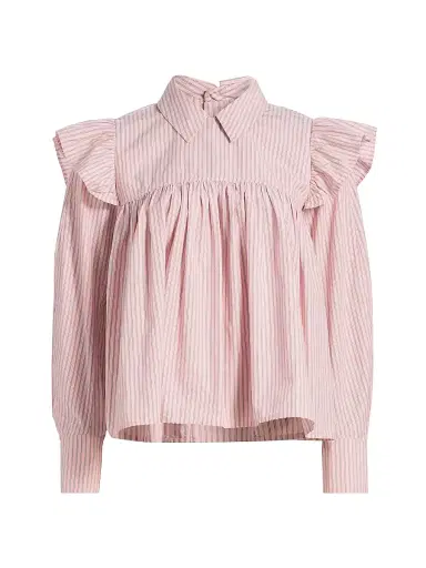 Ganni Women's Oxford Striped Frill Blouse - Chalk Pink | Thumbnail 1 Ganni Women's Oxford Striped Frill Blouse - Chalk Pink | Thumbnail 1