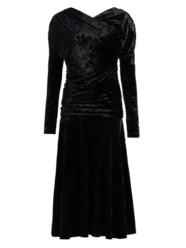 Ganni Women's Ruched Velour Jersey A-Line Midi-Dress | Thumbnail 1 Ganni Women's Ruched Velour Jersey A-Line Midi-Dress | Thumbnail 1