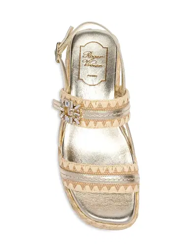 Roger Vivier Women's Summer Strass 60MM Leather-Raffia Espadrille Sandals - Crema Chiaro Oro - Size 11 | Thumbnail 4 Roger Vivier Women's Summer Strass 60MM Leather-Raffia Espadrille Sandals - Crema Chiaro Oro - Size 11 | Thumbnail 4