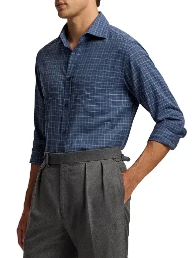 Ralph Lauren Purple Label Men's Tattersall Flannel Shirt - Blue Melange Tattersall | Thumbnail 4 Ralph Lauren Purple Label Men's Tattersall Flannel Shirt - Blue Melange Tattersall | Thumbnail 4