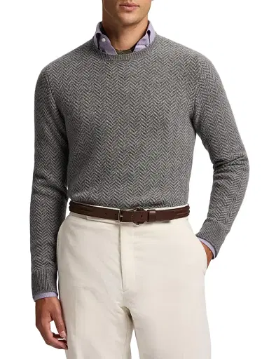 Ralph Lauren Purple Label Men's Textured Herringbone Cashmere Sweater - Grey Melange | Thumbnail 3 Ralph Lauren Purple Label Men's Textured Herringbone Cashmere Sweater - Grey Melange | Thumbnail 3