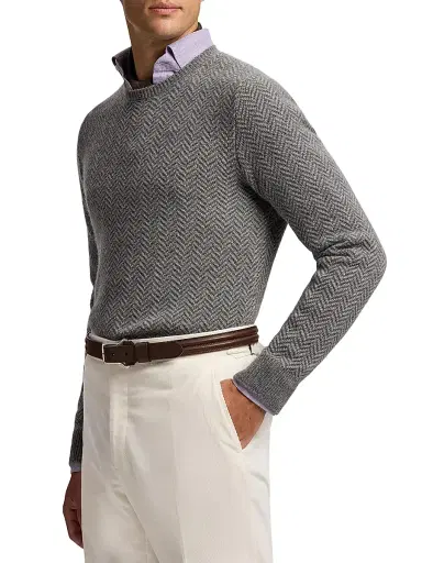 Ralph Lauren Purple Label Men's Textured Herringbone Cashmere Sweater - Grey Melange | Thumbnail 4 Ralph Lauren Purple Label Men's Textured Herringbone Cashmere Sweater - Grey Melange | Thumbnail 4