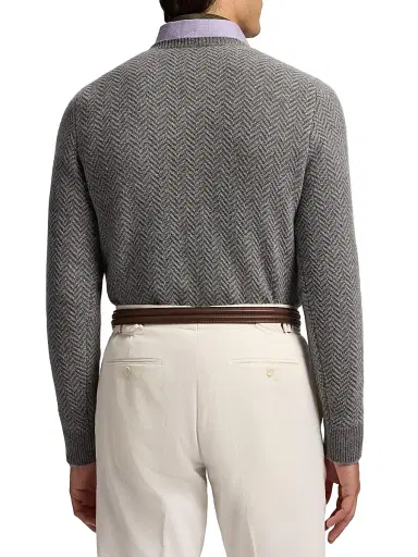 Ralph Lauren Purple Label Men's Textured Herringbone Cashmere Sweater - Grey Melange | Thumbnail 5 Ralph Lauren Purple Label Men's Textured Herringbone Cashmere Sweater - Grey Melange | Thumbnail 5
