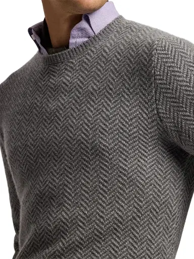 Ralph Lauren Purple Label Men's Textured Herringbone Cashmere Sweater - Grey Melange | Thumbnail 6 Ralph Lauren Purple Label Men's Textured Herringbone Cashmere Sweater - Grey Melange | Thumbnail 6