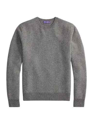 Ralph Lauren Purple Label Men's Textured Herringbone Cashmere Sweater - Grey Melange | Thumbnail 1 Ralph Lauren Purple Label Men's Textured Herringbone Cashmere Sweater - Grey Melange | Thumbnail 1