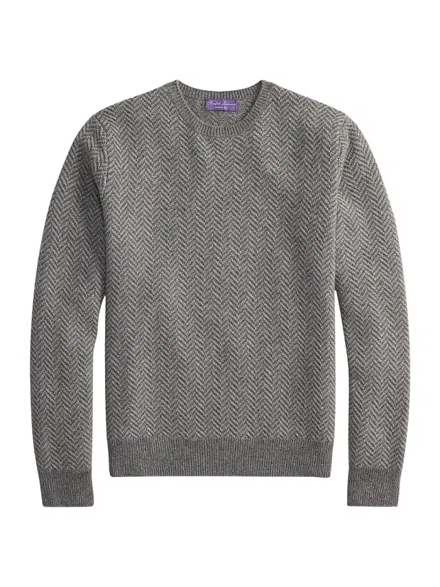 Men's Textured Herringbone Cashmere Sweater - Grey Melange Men's Textured Herringbone Cashmere Sweater - Grey Melange