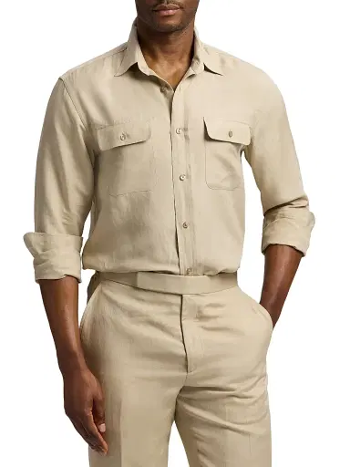 Ralph Lauren Purple Label Men's Silk-Linen Shirt - Champagne | Thumbnail 3 Ralph Lauren Purple Label Men's Silk-Linen Shirt - Champagne | Thumbnail 3