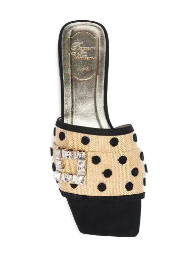 Roger Vivier Women's Tres Vivier Suede-Raffia Mules - Crema Chiaro Nero | Thumbnail 4 Roger Vivier Women's Tres Vivier Suede-Raffia Mules - Crema Chiaro Nero | Thumbnail 4