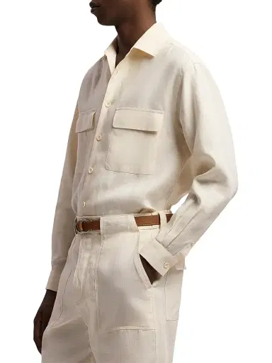 Ralph Lauren Purple Label Men's Windowpane Linen Relaxed-Fit Shirt - Classic Cream | Thumbnail 4 Ralph Lauren Purple Label Men's Windowpane Linen Relaxed-Fit Shirt - Classic Cream | Thumbnail 4