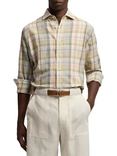 Ralph Lauren Purple Label Men's Plaid Hemp-Cotton Shirt - Cream Multi | Thumbnail 3 Ralph Lauren Purple Label Men's Plaid Hemp-Cotton Shirt - Cream Multi | Thumbnail 3