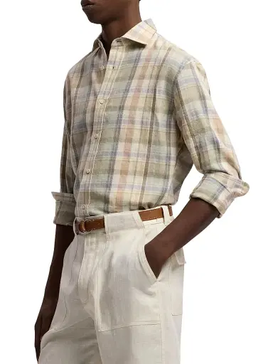 Ralph Lauren Purple Label Men's Plaid Hemp-Cotton Shirt - Cream Multi | Thumbnail 4 Ralph Lauren Purple Label Men's Plaid Hemp-Cotton Shirt - Cream Multi | Thumbnail 4