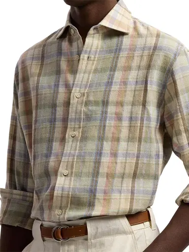 Ralph Lauren Purple Label Men's Plaid Hemp-Cotton Shirt - Cream Multi | Thumbnail 6 Ralph Lauren Purple Label Men's Plaid Hemp-Cotton Shirt - Cream Multi | Thumbnail 6