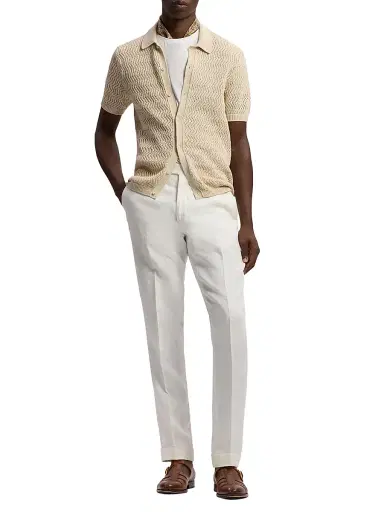 Ralph Lauren Purple Label Men's Textured Cotton Short-Sleeve Cardigan - Limestone | Thumbnail 2 Ralph Lauren Purple Label Men's Textured Cotton Short-Sleeve Cardigan - Limestone | Thumbnail 2