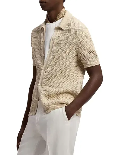 Ralph Lauren Purple Label Men's Textured Cotton Short-Sleeve Cardigan - Limestone | Thumbnail 4 Ralph Lauren Purple Label Men's Textured Cotton Short-Sleeve Cardigan - Limestone | Thumbnail 4