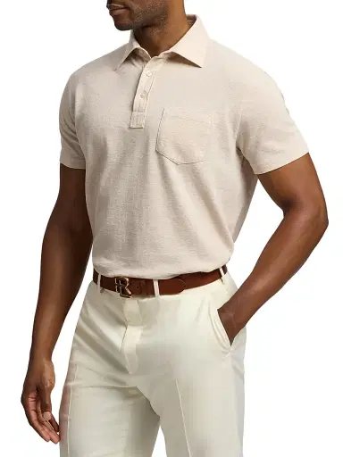 Ralph Lauren Purple Label Men's Cotton-Cashmere Piqué Polo Shirt - Champagne Melange | Thumbnail 4 Ralph Lauren Purple Label Men's Cotton-Cashmere Piqué Polo Shirt - Champagne Melange | Thumbnail 4