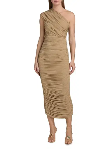 Ronny Kobo Women's Emina One-Shoulder Ruched Midi-Dress - Nougat | Thumbnail 2 Ronny Kobo Women's Emina One-Shoulder Ruched Midi-Dress - Nougat | Thumbnail 2