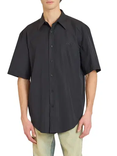 Balmain Men's Logo Embroidered Poplin Short-Sleeve Shirt - Noir | Thumbnail 3 Balmain Men's Logo Embroidered Poplin Short-Sleeve Shirt - Noir | Thumbnail 3