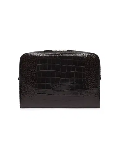 Tom Ford Men's Minimal Line Shiny Croc-Embossed Leather Laptop Pouch - Dark Brown | Thumbnail 1 Tom Ford Men's Minimal Line Shiny Croc-Embossed Leather Laptop Pouch - Dark Brown | Thumbnail 1