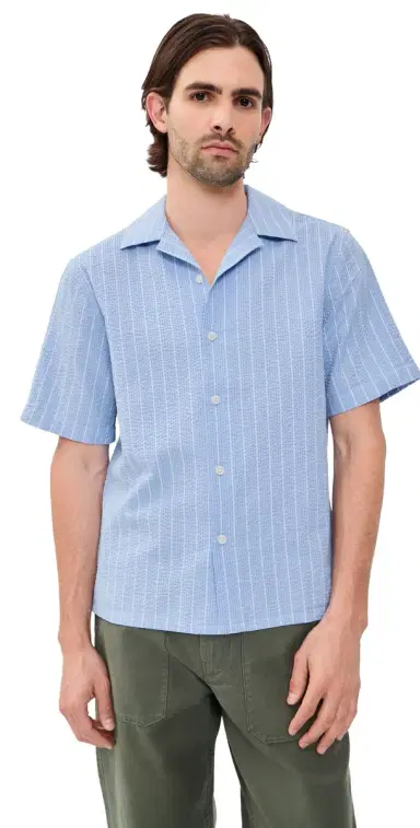 Wax London eersucker tripe Didcot Shirt Blue/Ecru | Thumbnail 1 Wax London eersucker tripe Didcot Shirt Blue/Ecru | Thumbnail 1