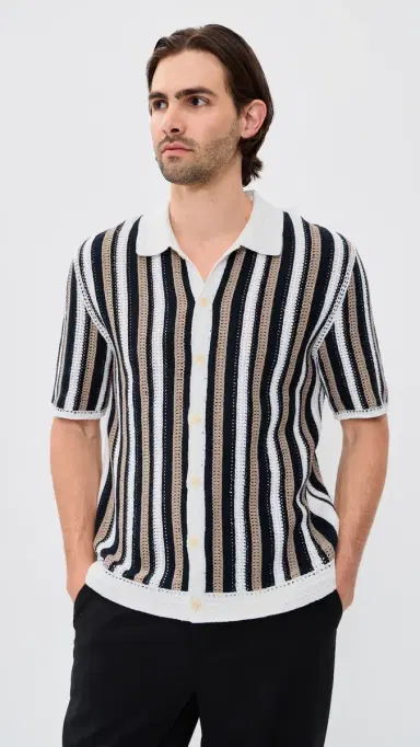 Wax London tripe Crochet Porto Shirt Ecru/Black | Thumbnail 2 Wax London tripe Crochet Porto Shirt Ecru/Black | Thumbnail 2