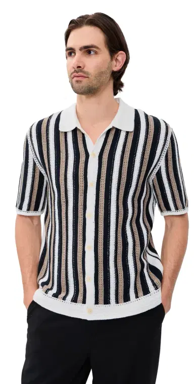 Wax London tripe Crochet Porto Shirt Ecru/Black | Thumbnail 1 Wax London tripe Crochet Porto Shirt Ecru/Black | Thumbnail 1