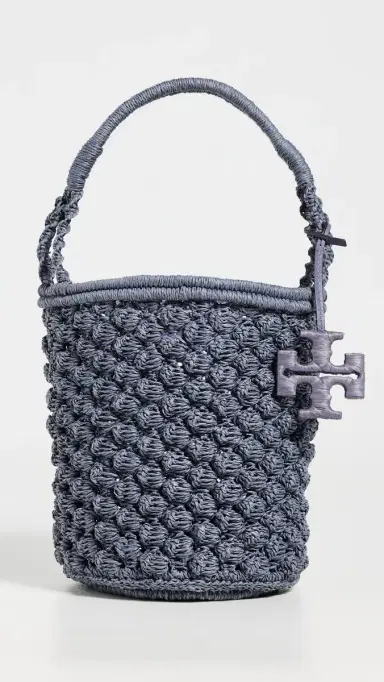 Tory Burch Ella Hand Crochet Popcorn Stitch Bucket Bag Gray One Size | Thumbnail 2 Tory Burch Ella Hand Crochet Popcorn Stitch Bucket Bag Gray One Size | Thumbnail 2