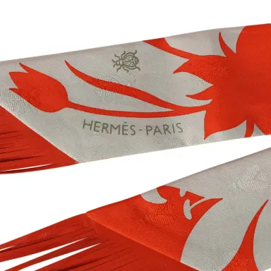 HERMÈS Hermes "Bouquet Final" Gris Perle and Vermillon Fringe Silk Twilly | Thumbnail 3 HERMÈS Hermes "Bouquet Final" Gris Perle and Vermillon Fringe Silk Twilly | Thumbnail 3