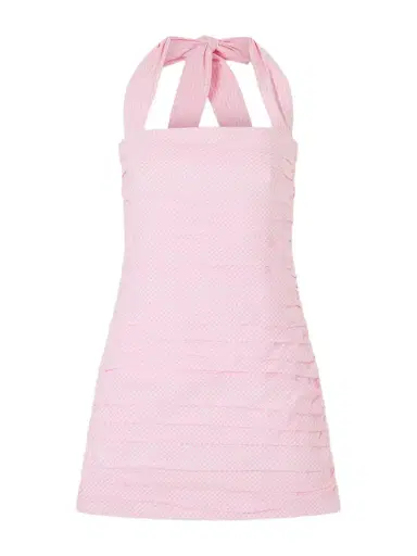 BERNADETTE Tippy Ruched Checked Cotton Halterneck Mini Dress | Thumbnail 1 BERNADETTE Tippy Ruched Checked Cotton Halterneck Mini Dress | Thumbnail 1