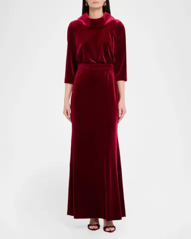 Badgley Mischka Belted Funnel-Neck Velvet Gown | Thumbnail 2 Badgley Mischka Belted Funnel-Neck Velvet Gown | Thumbnail 2