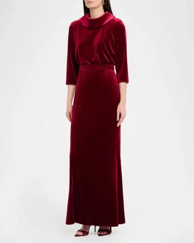 Badgley Mischka Belted Funnel-Neck Velvet Gown | Thumbnail 4 Badgley Mischka Belted Funnel-Neck Velvet Gown | Thumbnail 4