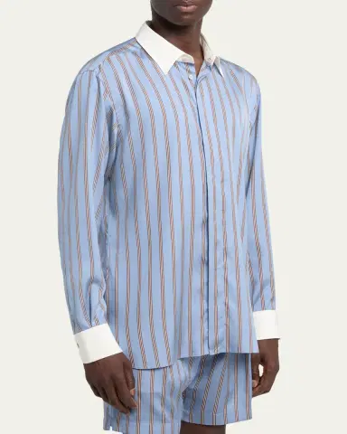 Tom Ford Men's Stripe Silk Contrast-Trim Sport Shirt | Thumbnail 4 Tom Ford Men's Stripe Silk Contrast-Trim Sport Shirt | Thumbnail 4