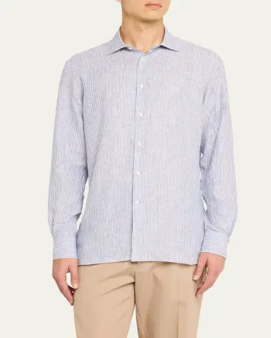 ZEGNA Men's Stripe Oasi Lino Casual Button-Down Shirt | Thumbnail 4 ZEGNA Men's Stripe Oasi Lino Casual Button-Down Shirt | Thumbnail 4