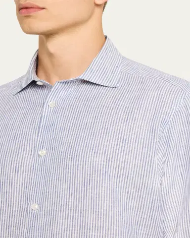 ZEGNA Men's Stripe Oasi Lino Casual Button-Down Shirt | Thumbnail 5 ZEGNA Men's Stripe Oasi Lino Casual Button-Down Shirt | Thumbnail 5