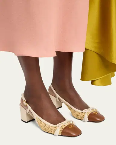 Valentino Garavani 60mm VLogo Raffia and Leather Slingback Pumps | Thumbnail 2 Valentino Garavani 60mm VLogo Raffia and Leather Slingback Pumps | Thumbnail 2