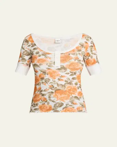 Chloé Floral Rib Short-Sleeve Henley Top | Thumbnail 6 Chloé Floral Rib Short-Sleeve Henley Top | Thumbnail 6